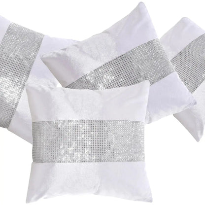Set of 4 White Crushed Velvet Cushion Covers Diamante Embellished 43 x 43 cm AK Kin Garden Supplies