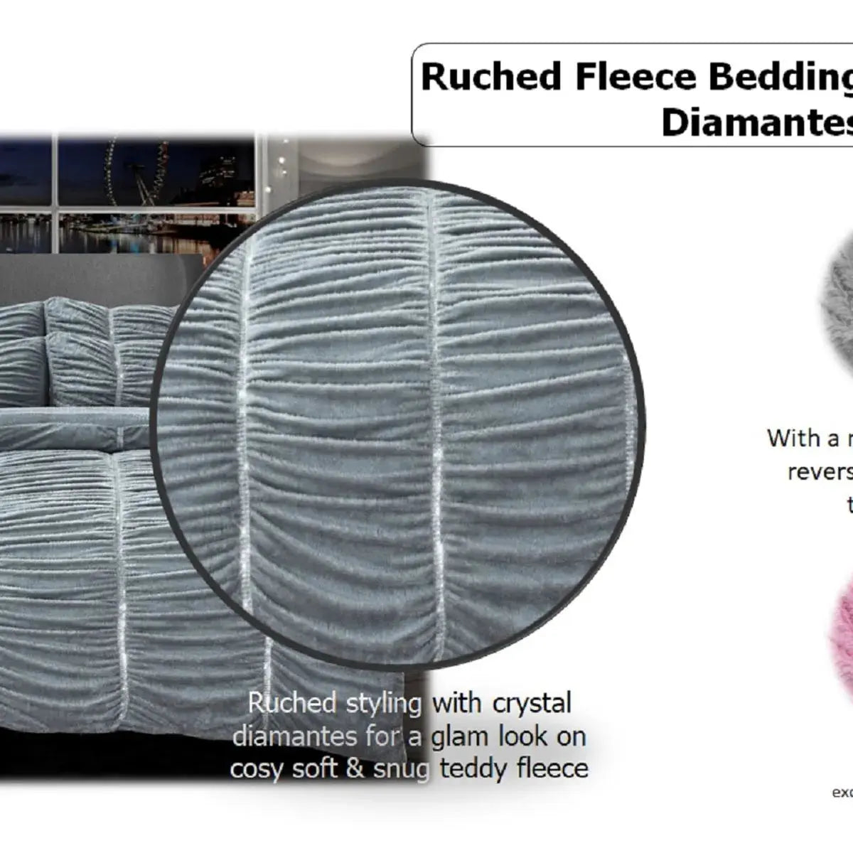 Silver Soft Touch Retro Ruched Teddy Bear Fleece Embellished Single Duvet Set AK Kin Garden Supplies
