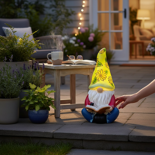 Solar Garden Gnome Reading Book – Light-Up Hat Ornament House, Home & Garden