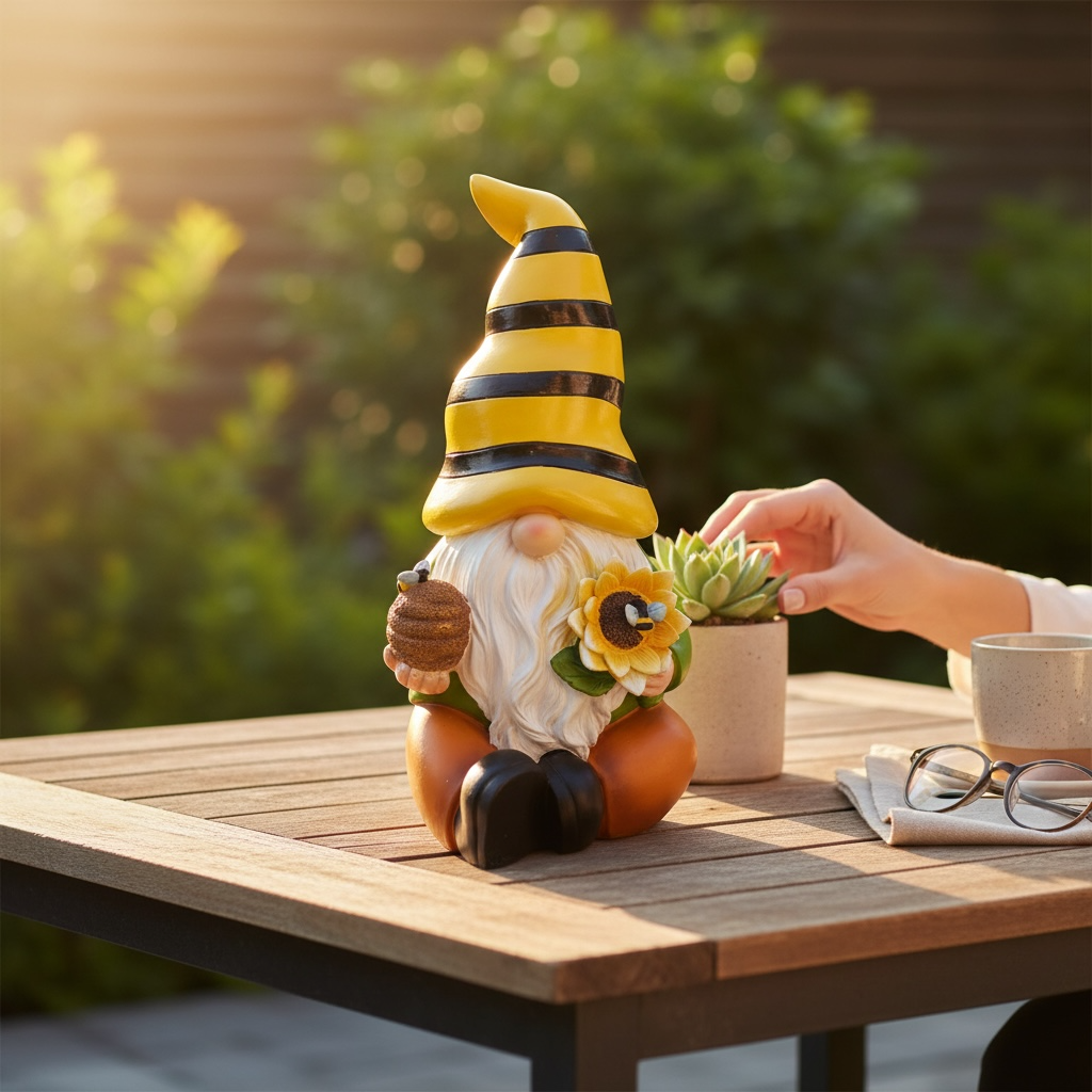Solar Garden Gnome with Bee & Sunflower – Light-Up Hat House, Home & Garden