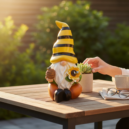 Solar Garden Gnome with Bee & Sunflower – Light-Up Hat House, Home & Garden