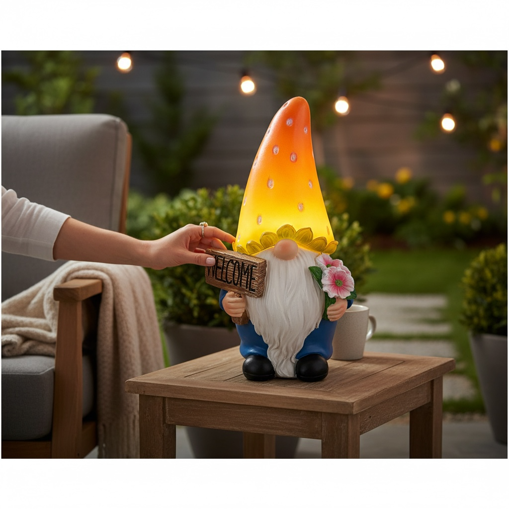 Solar Garden Gnome with “Welcome” Sign – Light-Up Hat Ornament House, Home & Garden