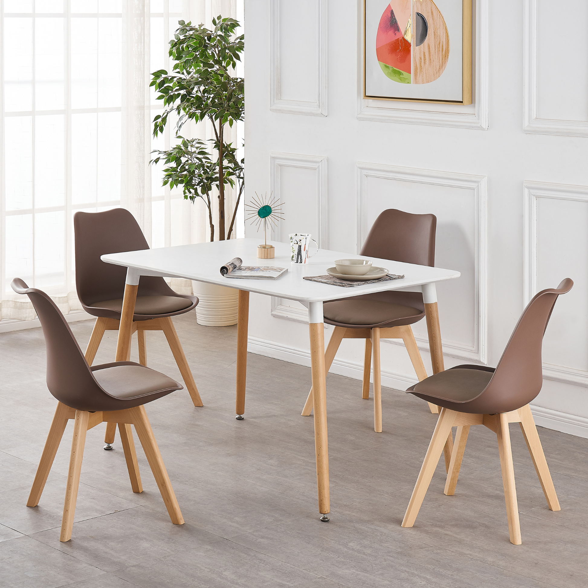5PCs Dining Set - a White Halo Dining Table & Set of 4 Lorenzo Tulip Dining Chairs with Padded Seat PN Home