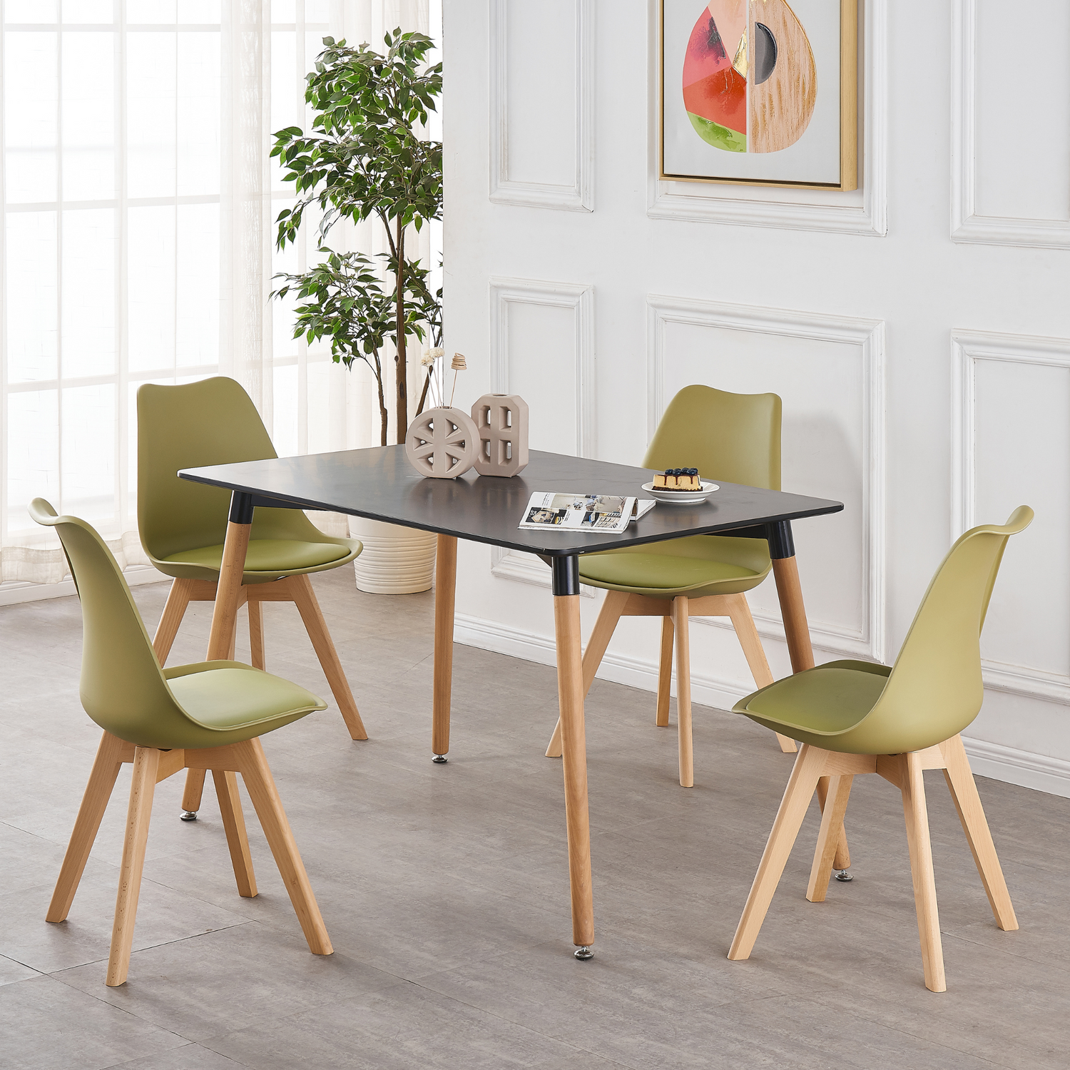 5PCs Dining Set - a Black Halo Dining Table & Set of 4 Lorenzo Tulip chairs with Padded Seat PN Home
