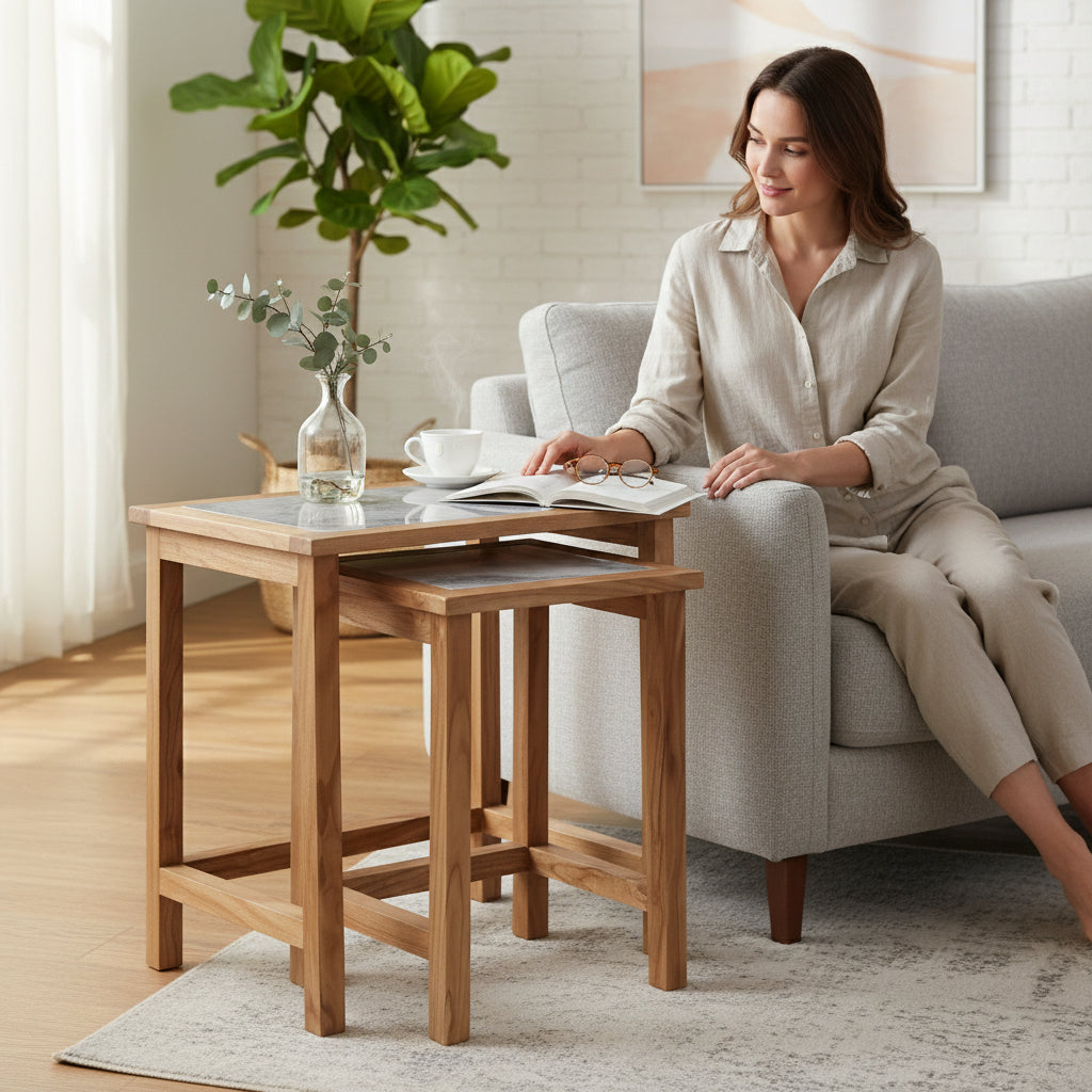 Womad Set of 2 Large Wooden Side Tables with White Marble Tops House, Home & Garden