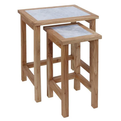 Womad Small Set Of 2 Wooden Side Tables With White Marble Tops House, Home & Garden