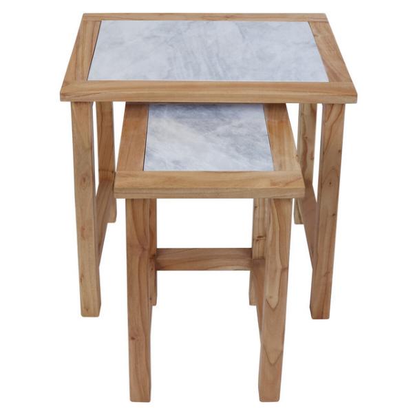 Womad Small Set Of 2 Wooden Side Tables With White Marble Tops House, Home & Garden