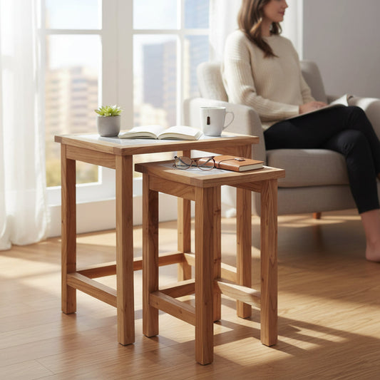 Womad Small Set Of 2 Wooden Side Tables With White Marble Tops House, Home & Garden