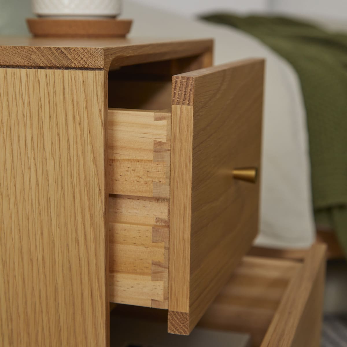 Wright Narrow Oak Bedside Table Fishe and Lilly