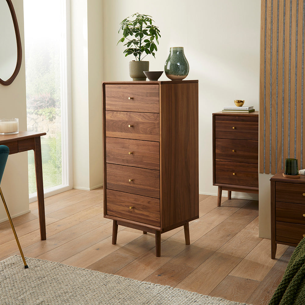 Wright Walnut Tallboy Chest of 5 Drawers Fishe and Lilly