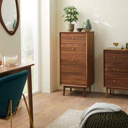 Wright Walnut Tallboy Chest of 5 Drawers Fishe and Lilly