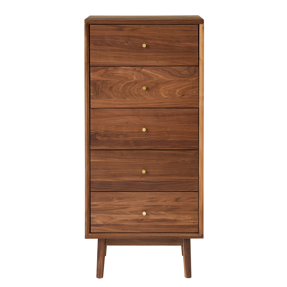 Wright Walnut Tallboy Chest of 5 Drawers Fishe and Lilly