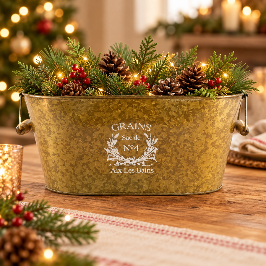 Antique brass trough styled as a festive centrepiece