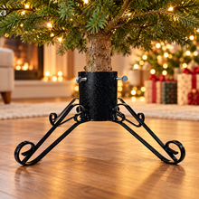 Black sparkle 5-inch Christmas tree stand supporting a real tree