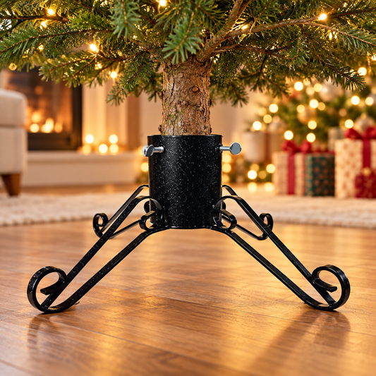 Black sparkle 5-inch Christmas tree stand supporting a real tree