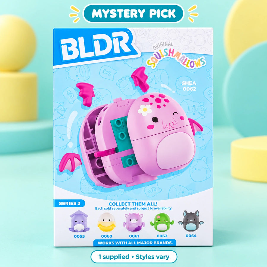 BLDR Squishmallows 2in Buildable Character Asst – full product on a playful teal HHG background