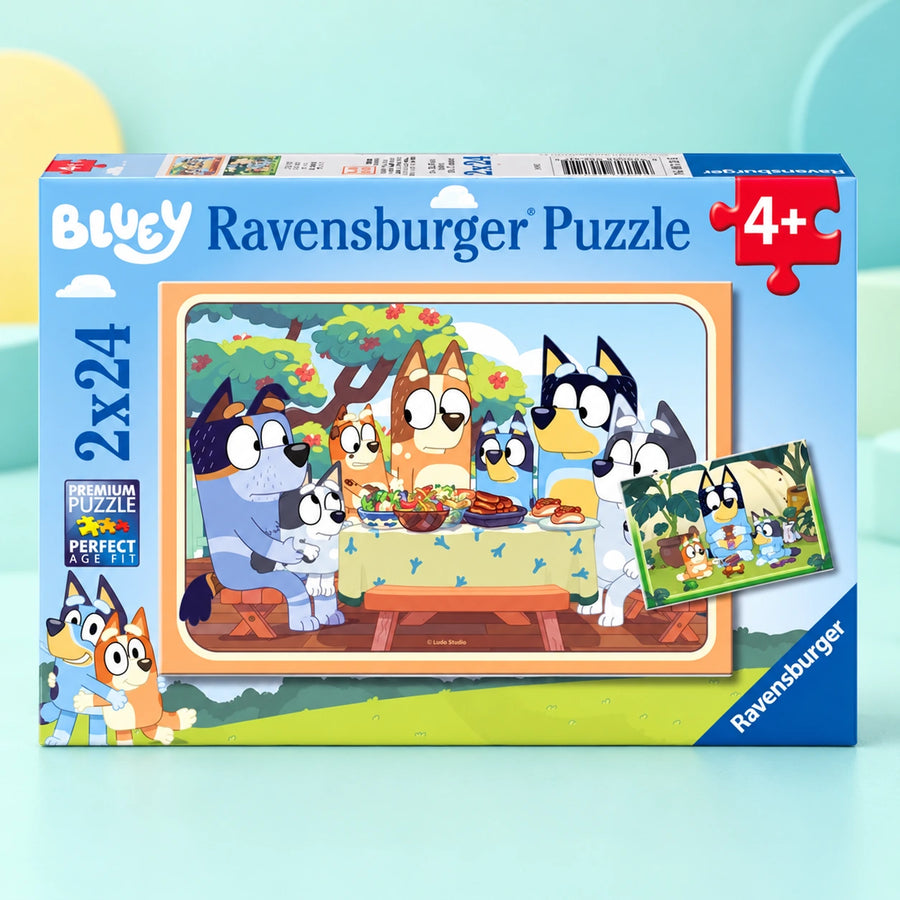 Bluey 2 in 1 Jigsaw Puzzles 24pc – full product on a playful teal HHG background