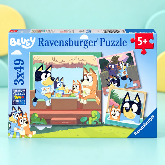 Bluey 3x 49 Piece Jigsaw Puzzle shown in full on a pale teal studio background