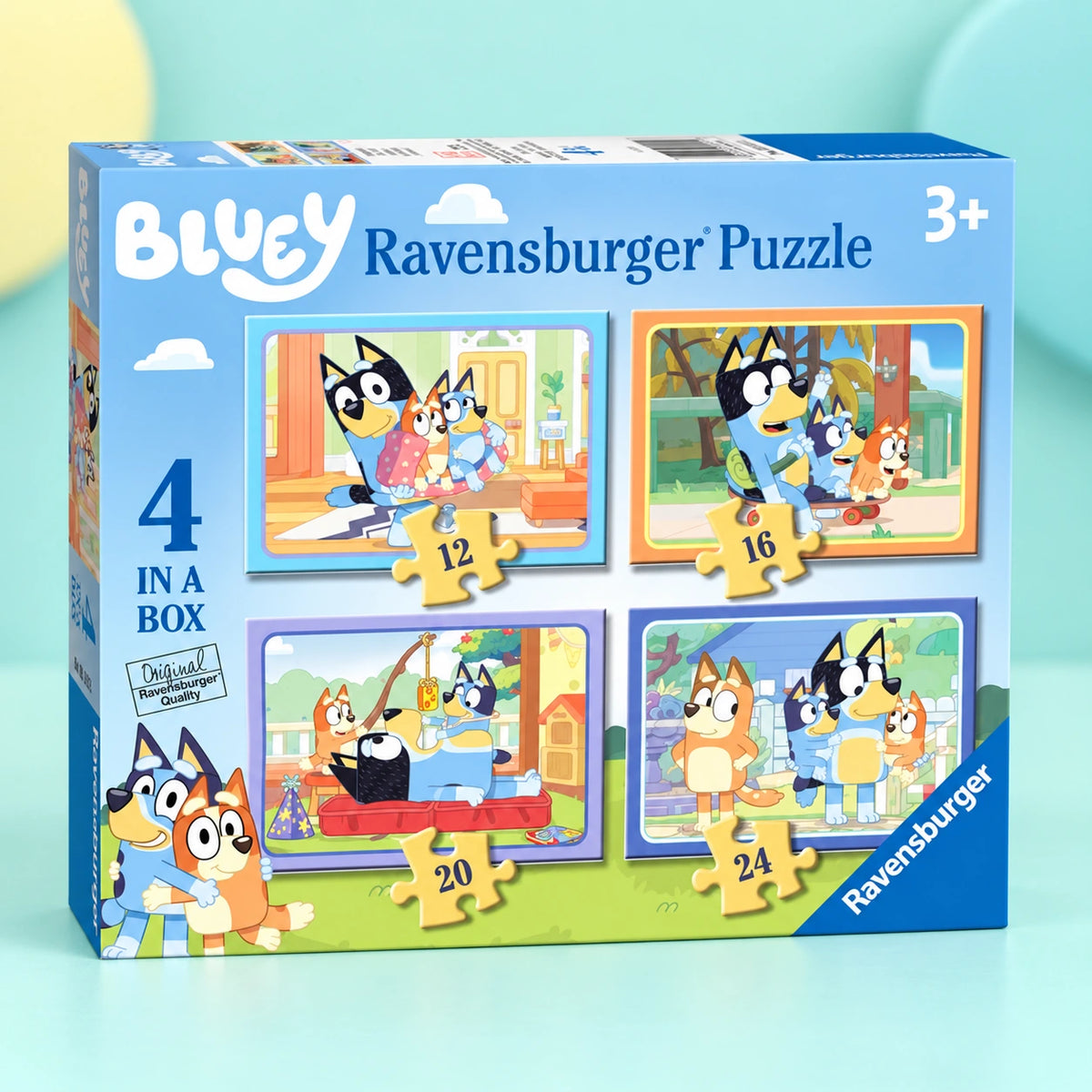 Bluey 4 Jigsaws in a Box shown in full on a pale teal studio background