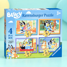 Bluey 4 Jigsaws in a Box shown in full on a pale teal studio background
