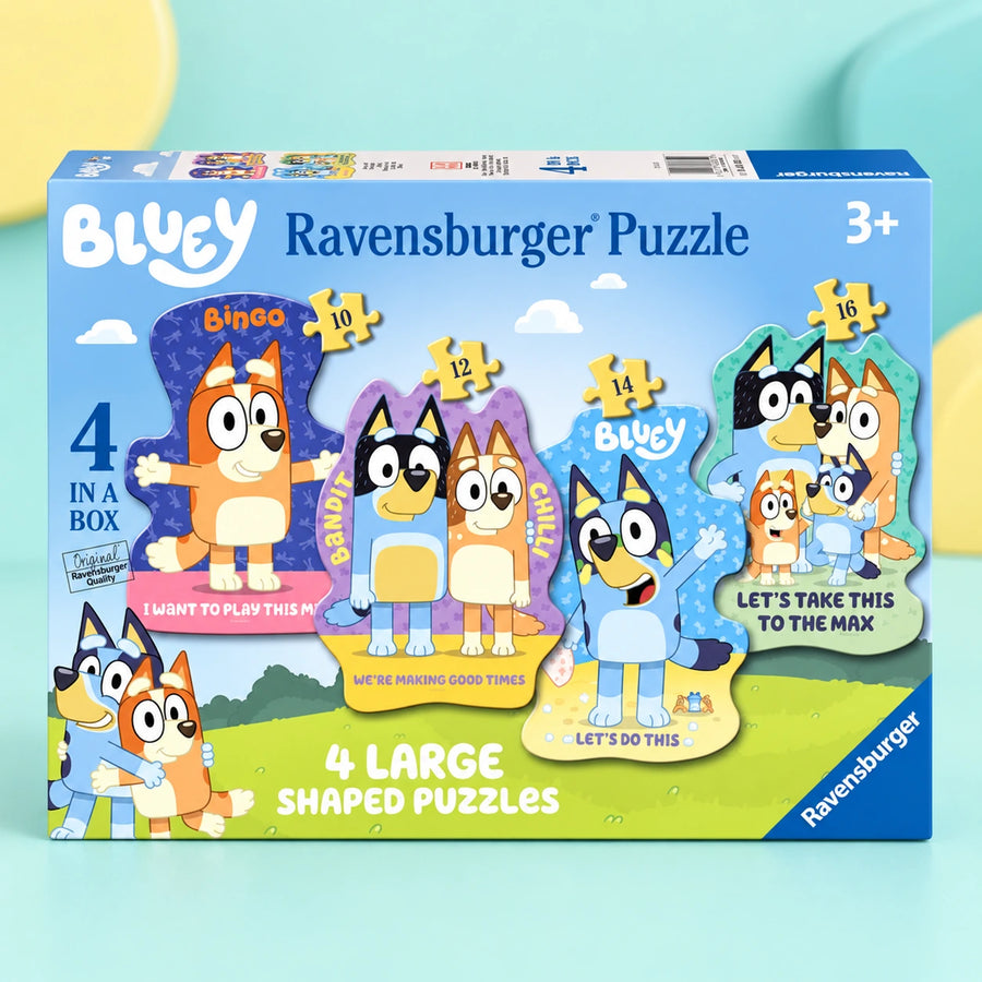 Bluey 4x Large Shaped Puzzles shown in full on a pale teal studio background