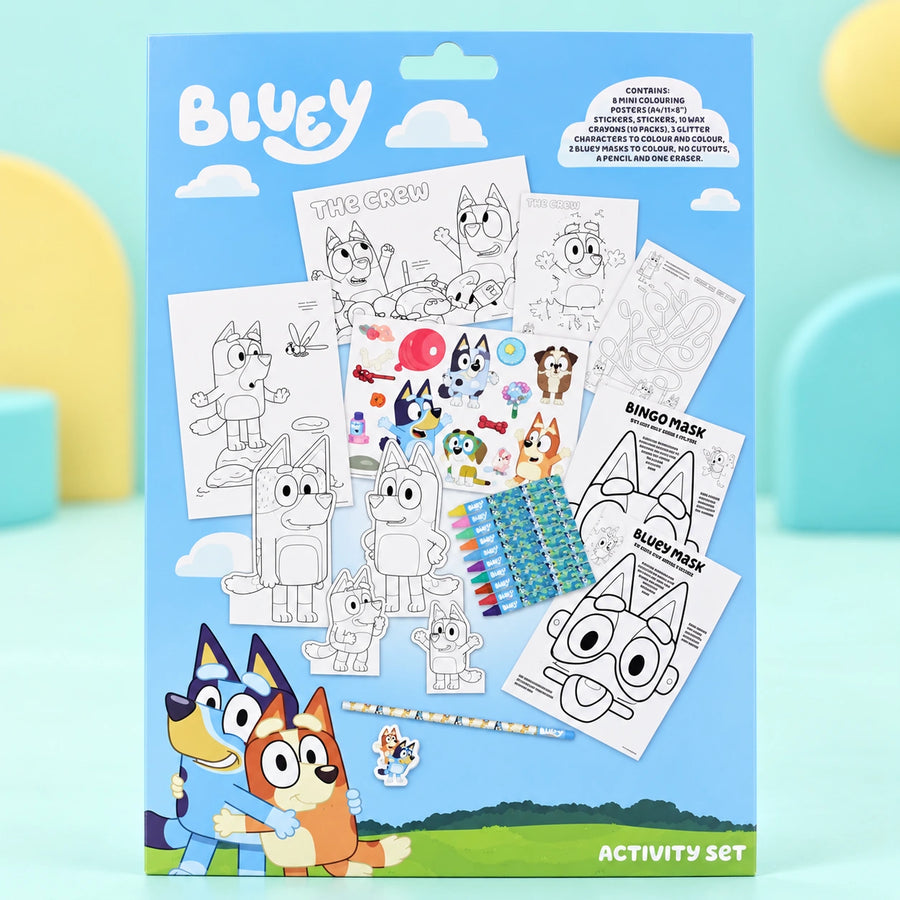 Bluey Activity Set shown in full on a pale teal studio background