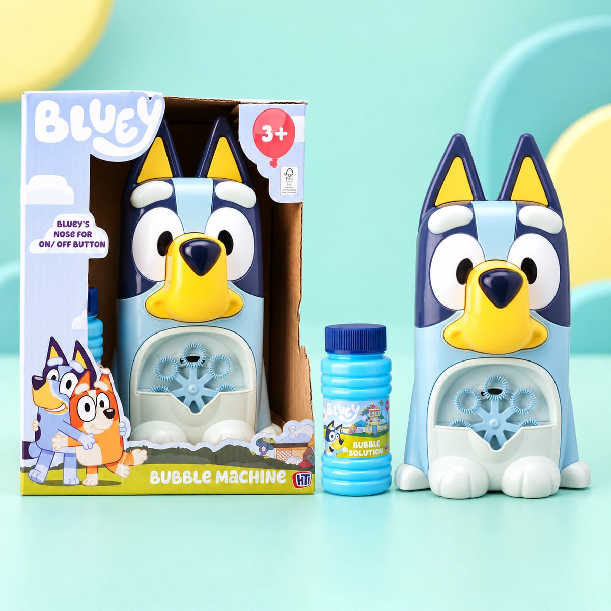 Bluey Character Bubble Machine shown in full on a pale teal studio background