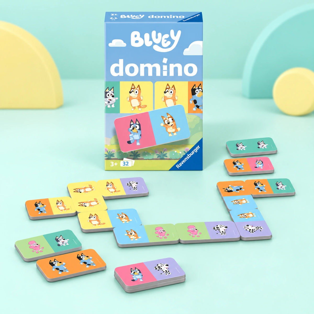 Bluey Dominoes shown in full on a pale teal studio background