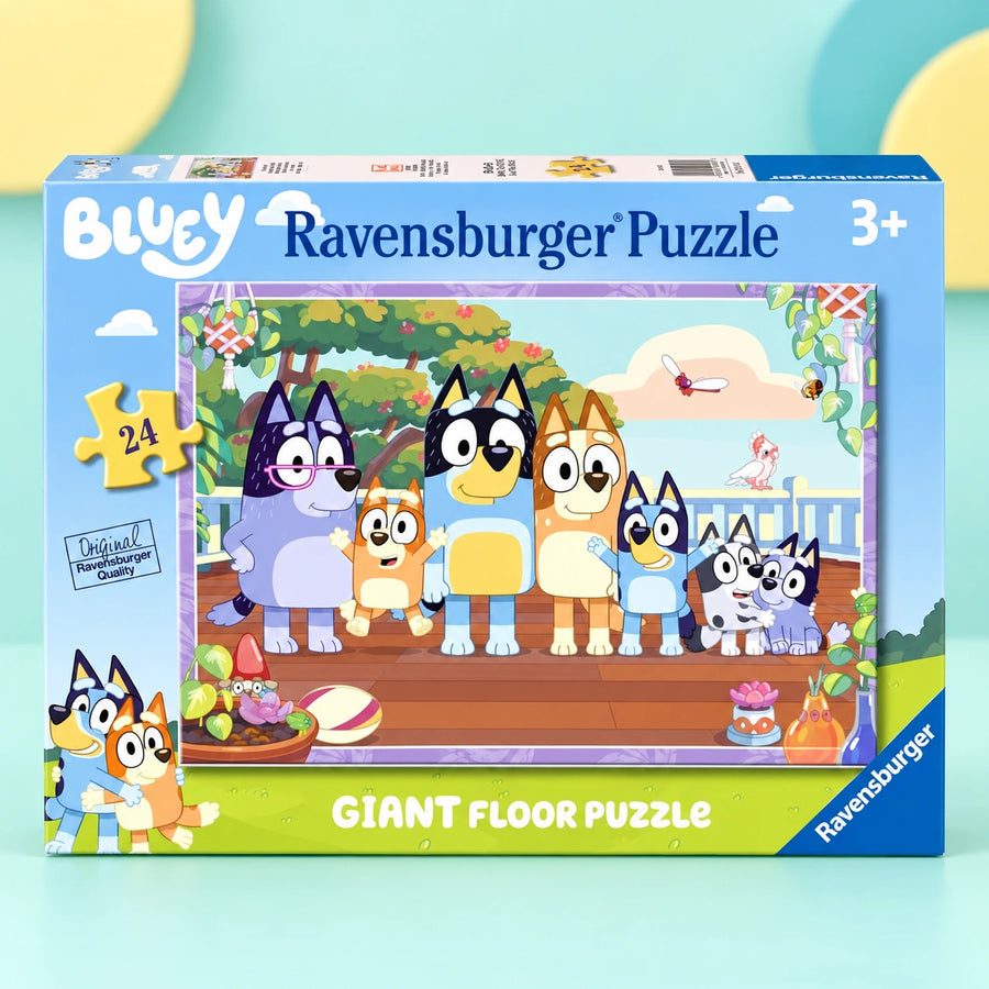 Bluey Giant Floor Puzzle 24 pc shown in full on a pale teal studio background