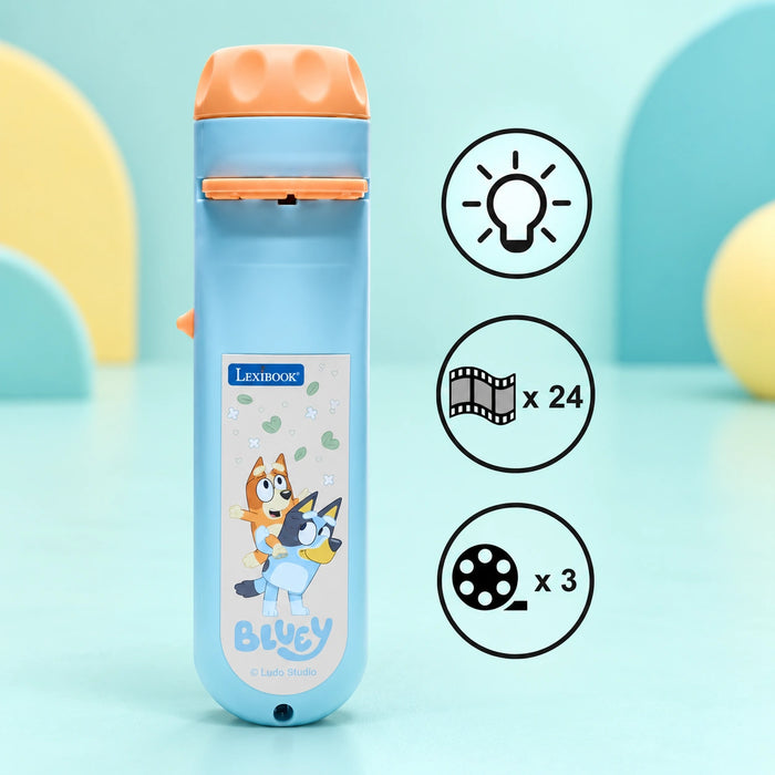 Bluey Stories projector and torch light shown in full on a pale teal studio background