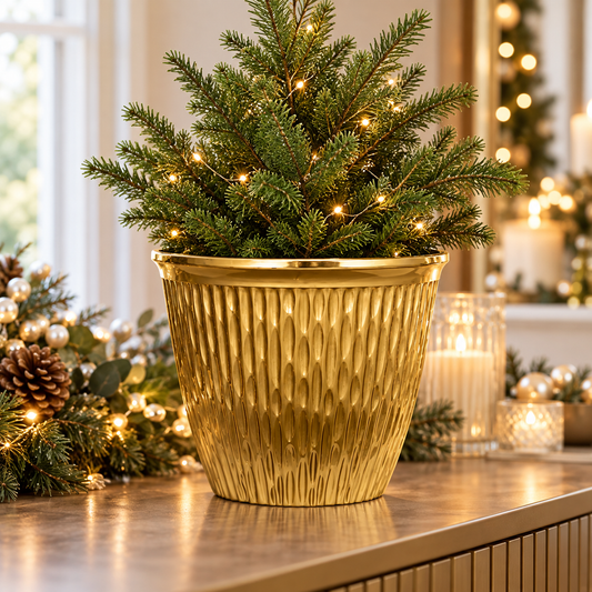 Gold Brooklyn planter in a warm festive home setting