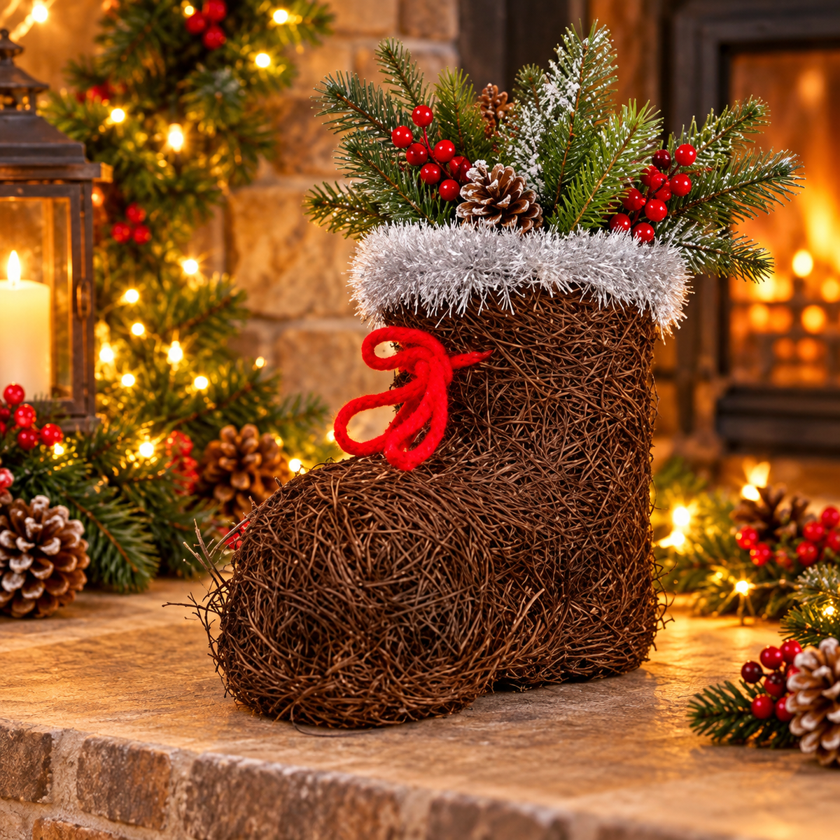 Brushwood Christmas boot planter filled with festive greenery