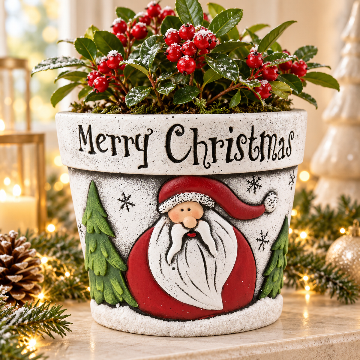 Cement Father Christmas planter styled with festive greenery