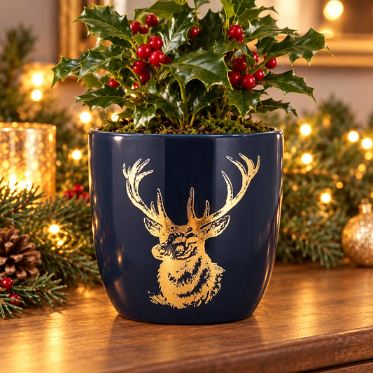 Blue and gold 12.3cm ceramic stag planter with festive holly