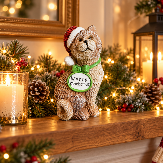 Christmas cat ornament with Merry Christmas sign on a festive mantel
