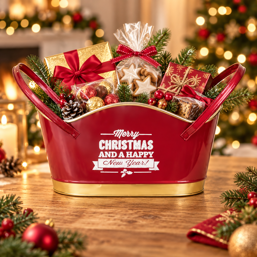 Red metal Christmas trug styled as a festive gift hamper