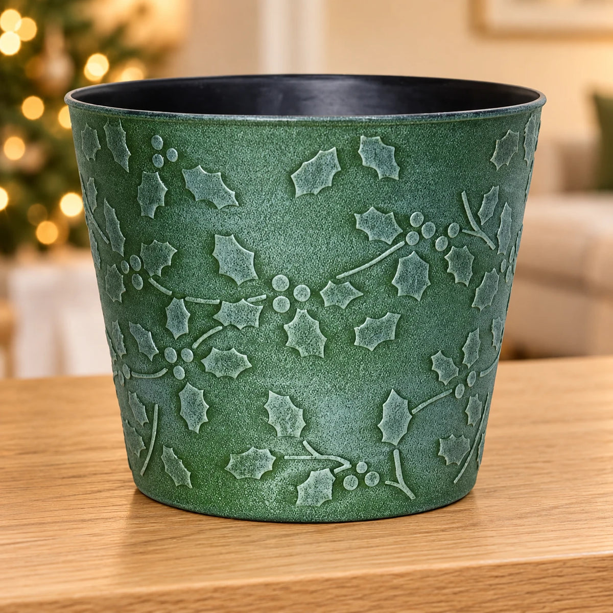 Christmas Planter Cover Holly Design for 18cm Pots – full product in a festive home setting