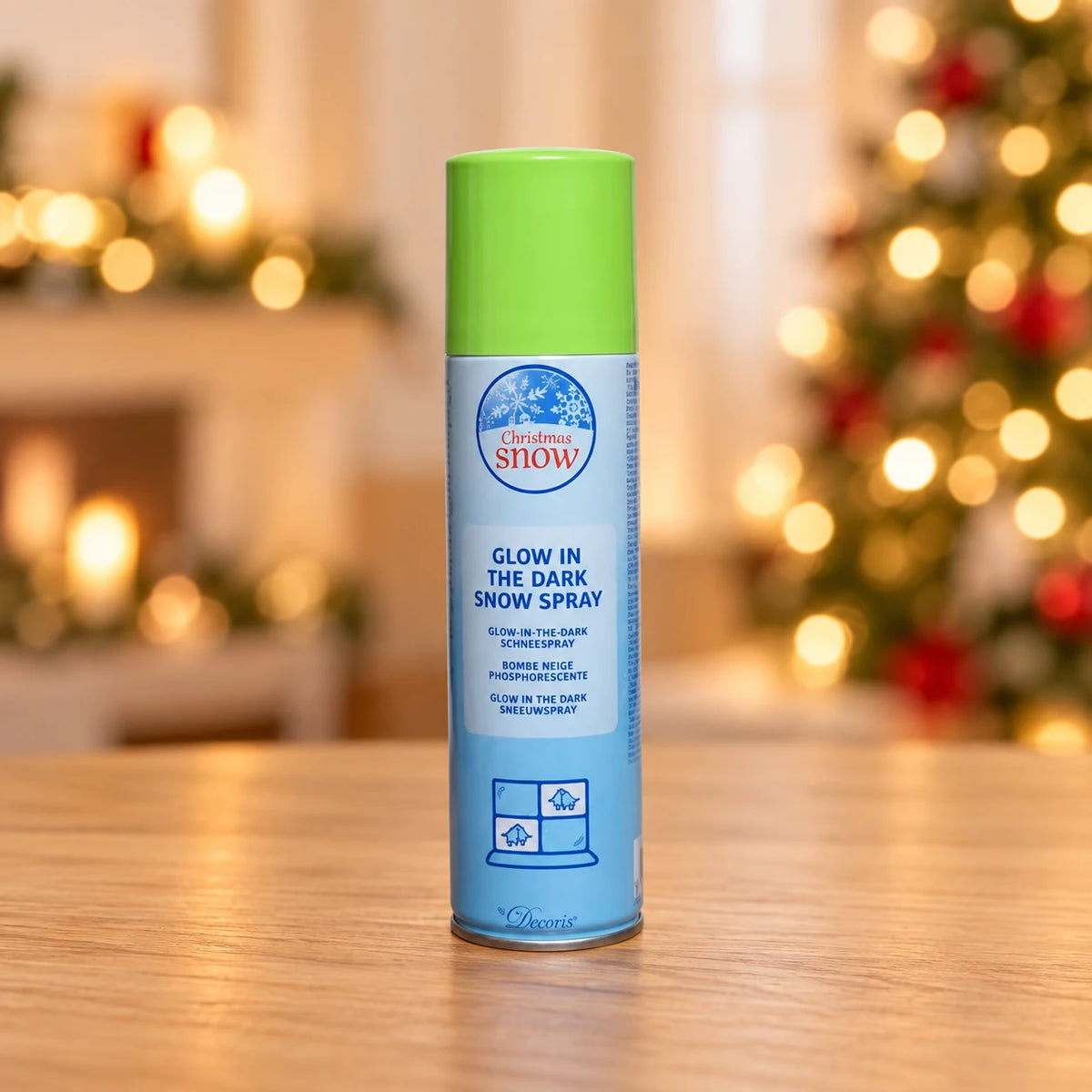 Christmas Snow Spray Metal Glow In The Dark Decoration 150ml Can – full product in a festive home setting
