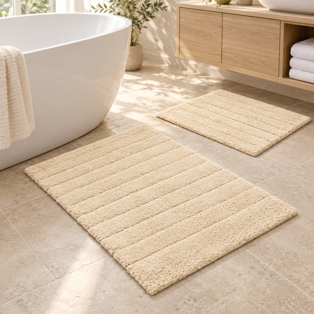 Marlow Ribbed Two Piece Bath Mat Set - 100% Cotton - Stone