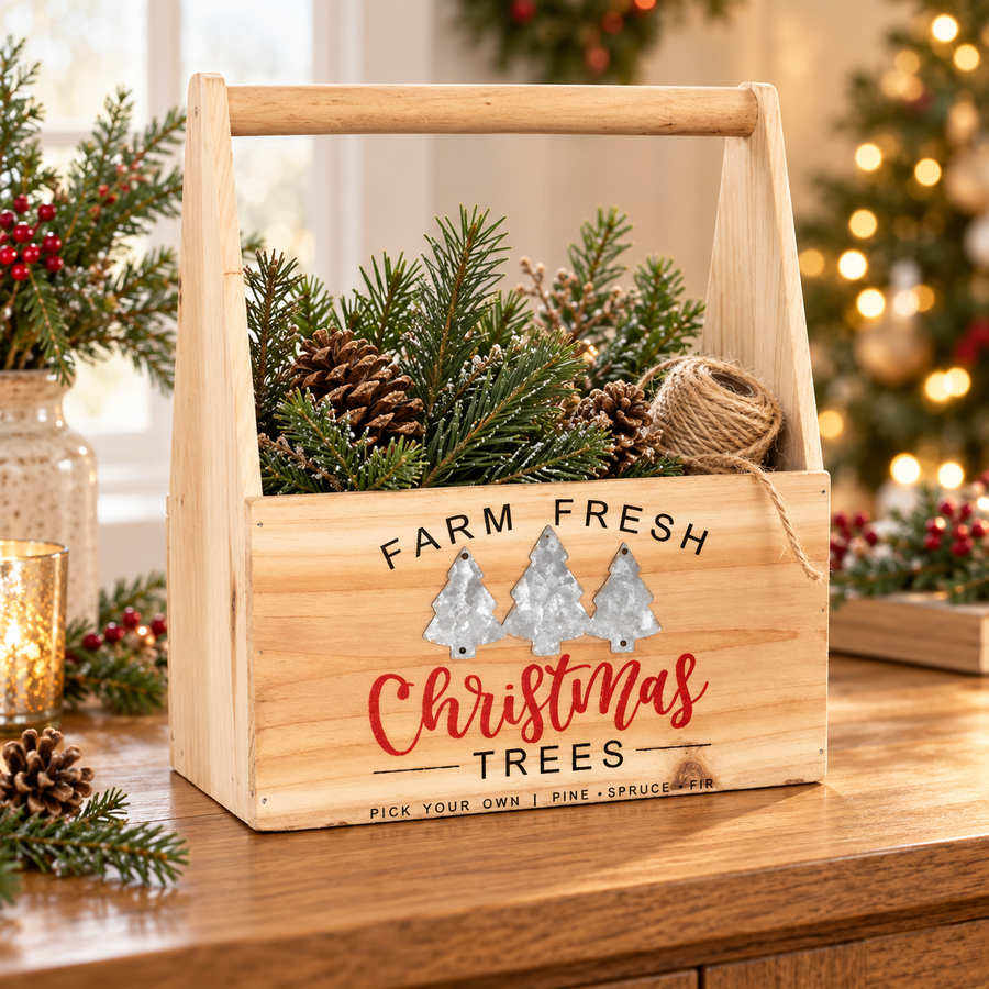 Wooden Farm Fresh Christmas Trees trug in a festive home
