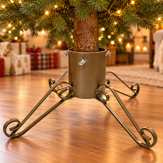 Gold traditional 5-inch Christmas tree stand supporting a real tree