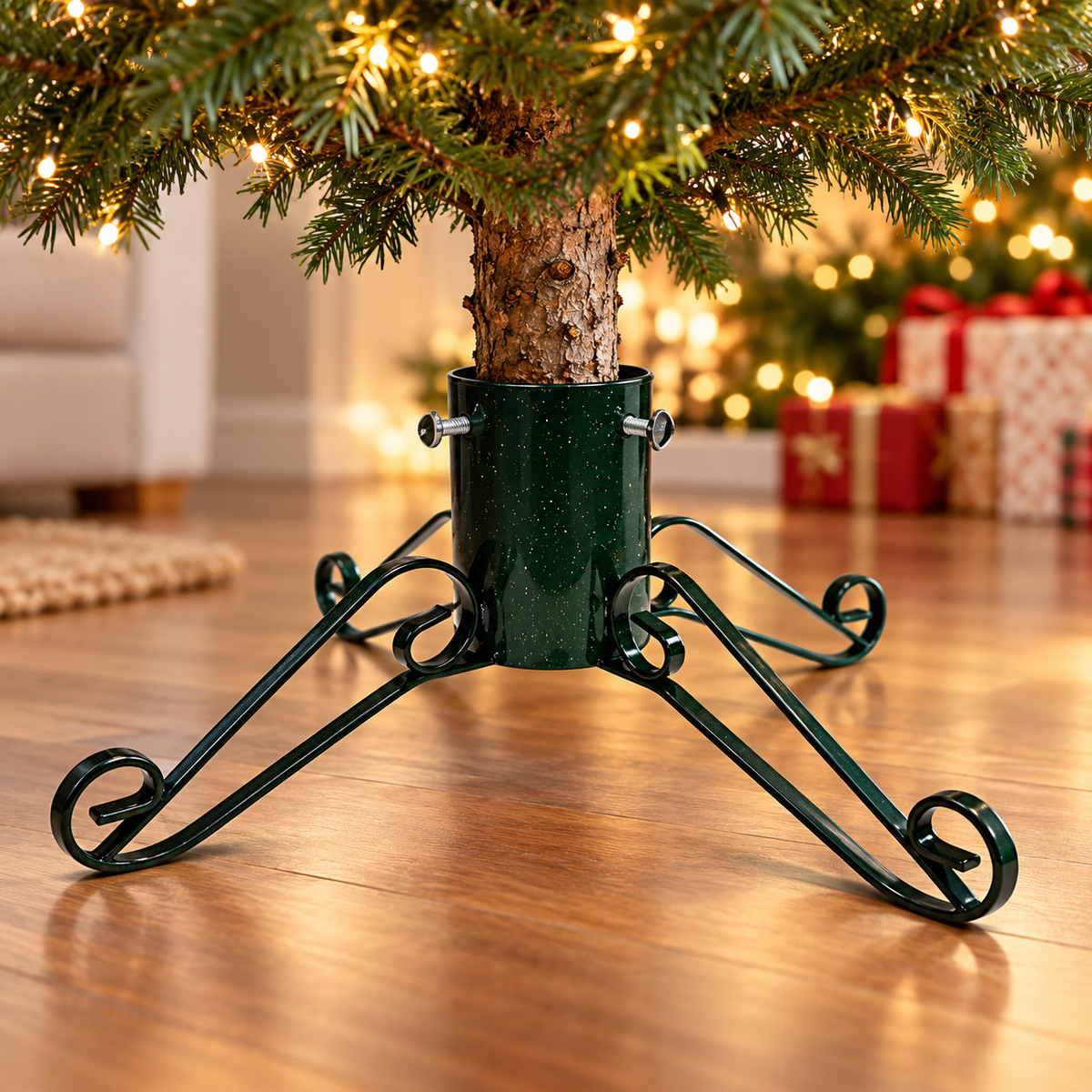 Green sparkle traditional 4-inch Christmas tree stand supporting a real tree