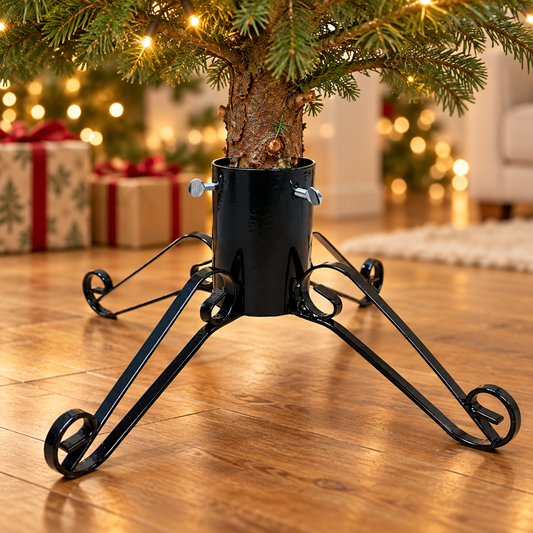 Black heavy-duty Christmas tree stand supporting a real tree