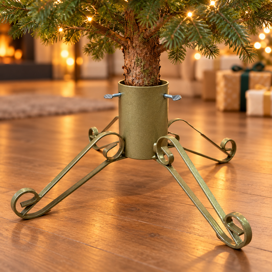 Gold heavy-duty Christmas tree stand supporting a real tree