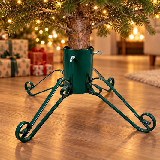 Green heavy-duty Christmas tree stand supporting a real tree