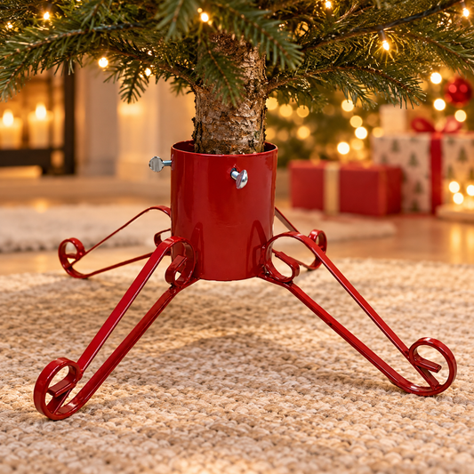 Red heavy-duty Christmas tree stand supporting a real tree