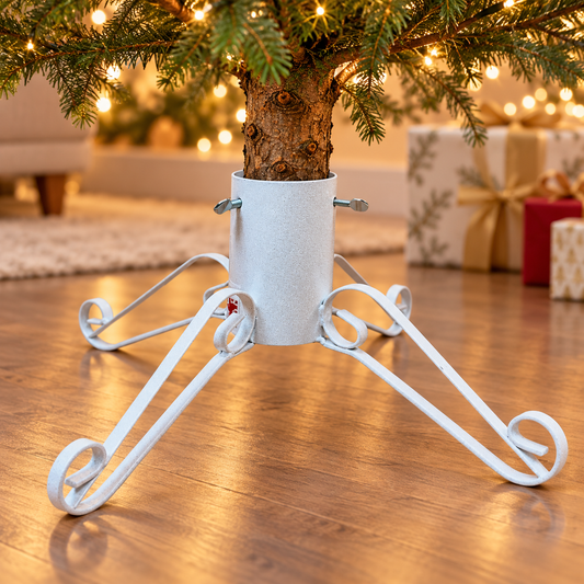White sparkle heavy-duty Christmas tree stand supporting a real tree