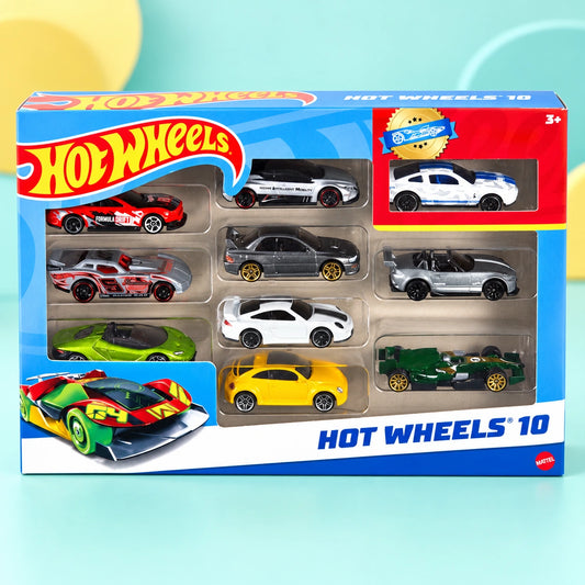 Hot Wheels 10 Car Giftpack shown in full on a pale teal studio background