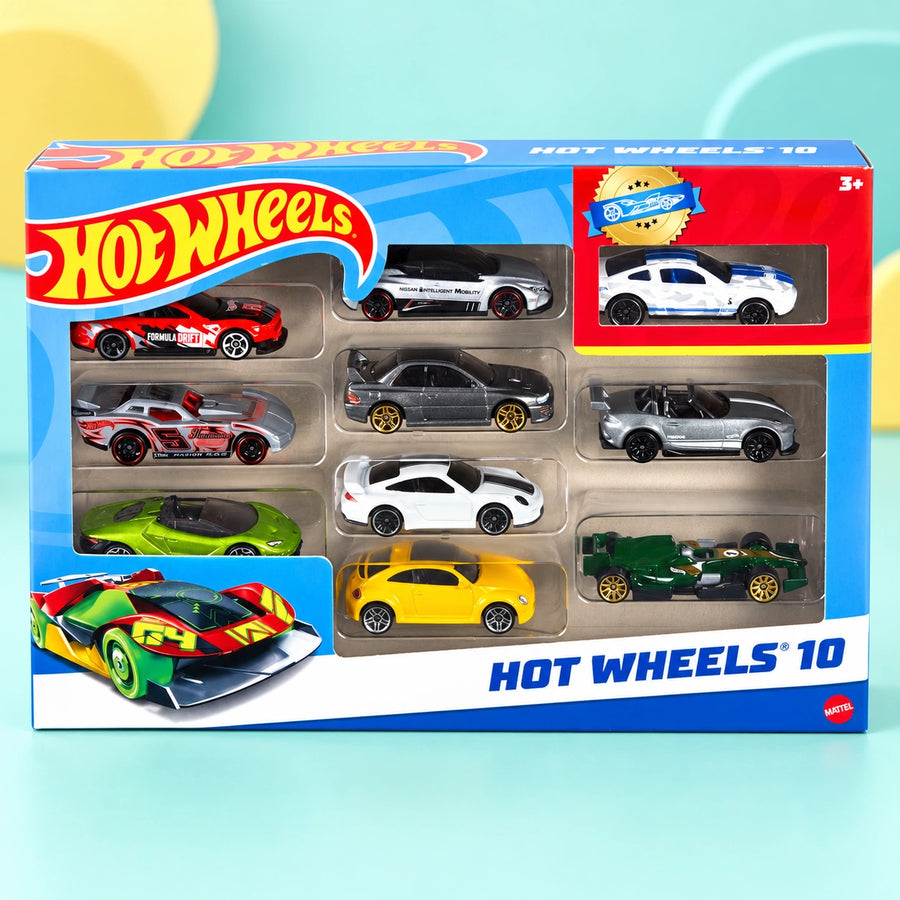 Hot Wheels 10 Car Giftpack shown in full on a pale teal studio background