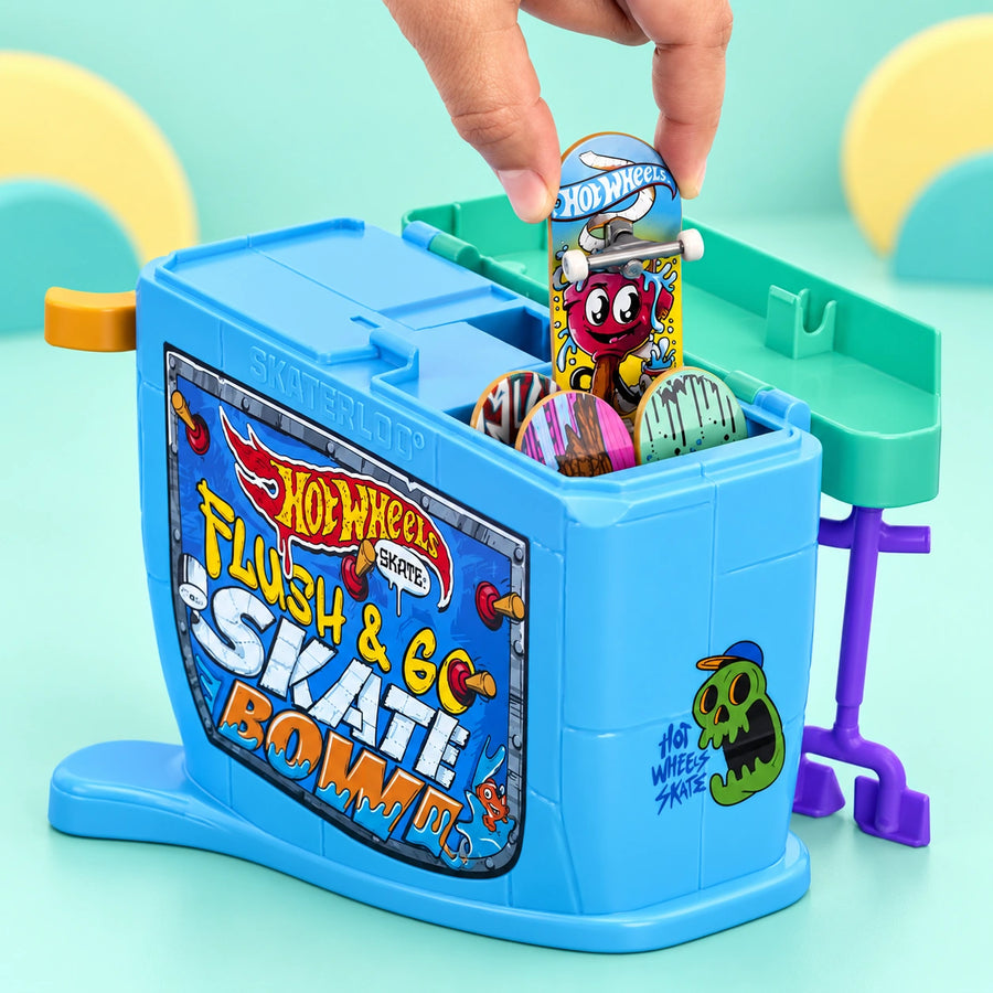 Hot Wheels Flushin' Skate Bowl shown in full on a pale teal studio background